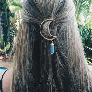Vintage Bohemian Crescent Moon Hair Clip Zinc Alloy Hexagonal Prism Stone Pendant Fashion Hair Accessory For Women Daily Jewelry
