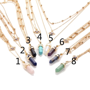 Bohemian Alloy Artificial Crystal Evil Eye Pendant Multi Layer Stacked Necklace For Women Gold Plated Geometric Prism Jewelry Gift