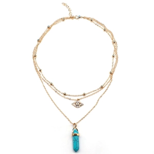 Three-layer gold necklace with evil eye charm and hexagonal turquoise stone pendant