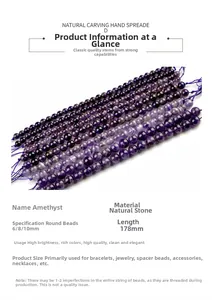 Especificaciones detalladas de cuentas de amatista natural de 6mm, 8mm y 10mm para joyería