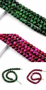 Makro-Detail von 10 mm runden grünen Tigerauge und rosa Naturstein-Perlen