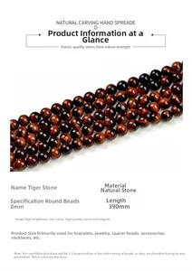 Primer plano de cuentas ojo de tigre rojo 8mm para joyería con tabla de tallas detallada