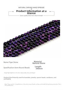 Dettagli di perle occhio di tigre viola da 6mm per gioielli fai da te, lungo 390mm