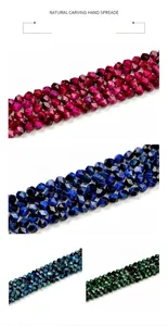 Macro detail of 8mm star cut tiger eye beads in rose, blue, and green for jewelry making