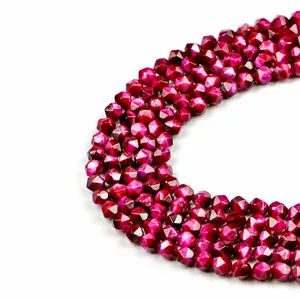 Faceted rose red tiger eye stone loose beads in a star cut style for DIY jewelry making