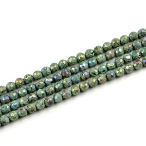 Faceted 10mm round agate beads with natural pores and metallic green coating for jewelry