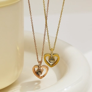 Heart Necklace Stainless Steel 100 Languages I Love You Projection Pendant 18K Gold Plated Rhinestone Jewelry Gift Women