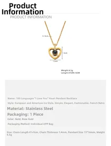 Detailed size specifications of heart projection necklace with 100 languages of I love you