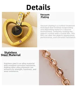 Detail view of heart pendant with vacuum plated stainless steel and crystal inlay