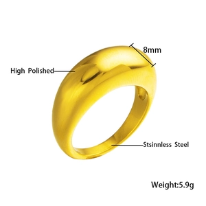 Detail view of 8mm wide polished gold stainless steel ring weighing 5.9g with glossy finish