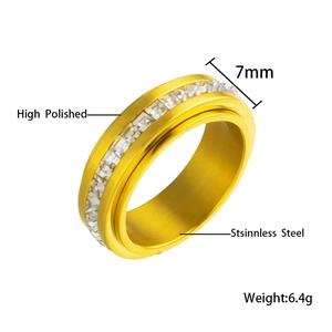 Detail showing 7mm wide rotatable stainless steel ring with zircon stones