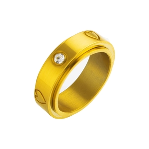 Gold stainless steel rotating ring with engraved heart patterns and a sparkling zircon