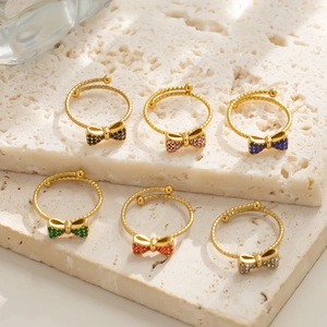 Mode Edelstahl Schleife Knoten Verstellbarer Offener Ring Für Damen Vergoldet Bunt Zirkonia Eingelegt Schleife Fingerring
