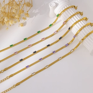 Elegant 18K gold plated snake chain necklace set with colorful rectangular zircons