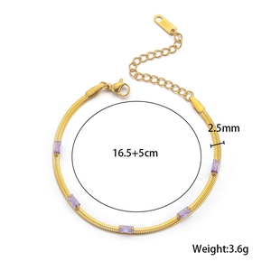 Elegant 18K gold plated snake chain bracelet with five purple cubic zirconia squares