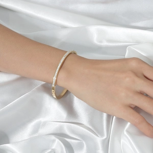Detail view of gold-plated bangle featuring a single row of zircon stones and hinge clasp