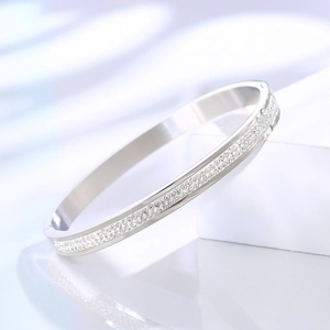 Detail of silver plated stainless steel bracelet with double rows of pave white zircons