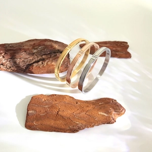 Minimalist Stainless Steel 18K Gold Plated Bangle Frosted Three Stone Zirconia Inlaid Jewelry For Women Valentine Day Gift