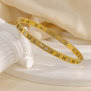 Elegante bracciale rigido in acciaio al titanio dorato con numeri romani e zirconi