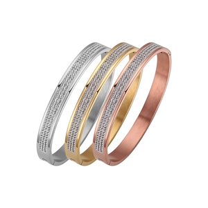 Three-piece set of titanium steel hinged bangles in silver, gold, and rose gold with zircon