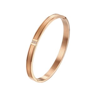 Detail of rose gold stainless steel bracelet with brushed finish and three zircon stones