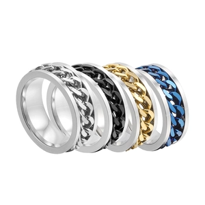 Rotating stainless steel bottle opener rings in silver, black, gold, and blue colors