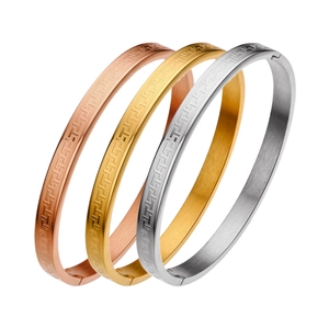 Three-piece titanium steel bangles with Greek key pattern in gold, rose gold and silver