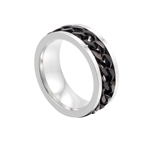 Rotatable stainless steel bottle opener ring for men featuring a black chain inlay design
