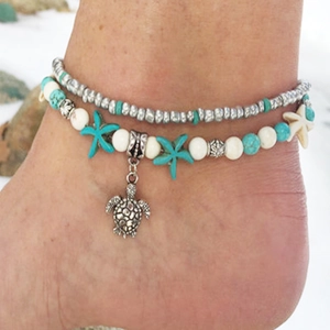 Böhmisch Doppelschicht Türkis Perlen Fußkettchen Für Damen Strand Seeschildkröte Seestern Herz Anhänger Beinkette Mode Schmuck