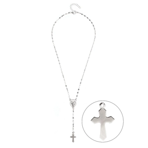Macro detail of silver rosary cross pendant with religious medal and sleek chain links