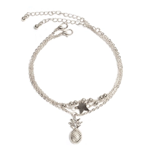 Silver multi-layer anklet with pineapple and star pendants on a white background