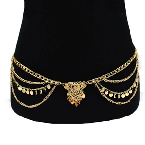 Bohemian Gold Multi Layer Waist Chain For Women Vintage Alloy Triangle Hollow Pendant Round Metal Sequins Body Chain Jewelry