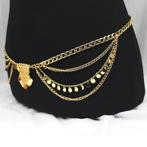 Detail of bohemian gold layered waist chain featuring sequins and hollow flower pendant