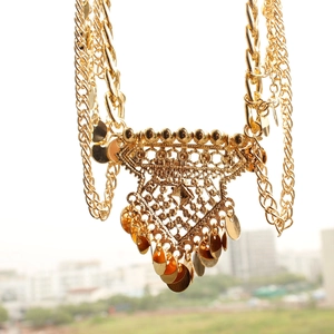 Bohemian multilayer gold chain necklace with large triangular pendant and sequin coins