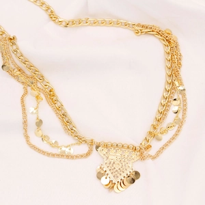 Bohemian gold multi-layer waist chain with round sequins and engraved triangle pendant