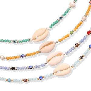 Böhmisches Strand-Fußkettchen Set mit Muscheln, bunten Perlen und Evil Eye Anhängern