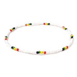 Handmade bohemian colorful seed bead necklace with white and multicolor accents