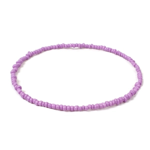 Close-up of handmade 2mm lavender seed bead necklace with polished minimalist finish