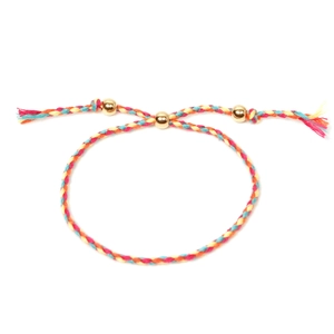 Colorful hand-woven rope bracelet with three gold beads and adjustable cord on white background