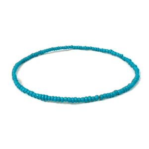 Detail view of handmade turquoise blue seed bead necklace with a bohemian minimalist style