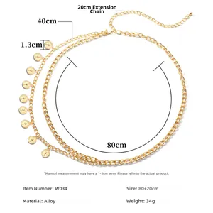Detail view of golden multilayer chain body belt featuring punk coin pendants and extension