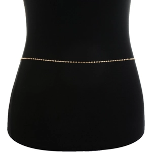 Punk style gold plated rhinestone body chain on black mannequin with white background