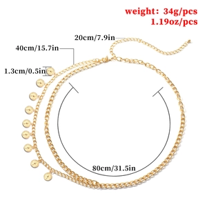 Double-layered gold chain body belt with vintage coin pendants and adjustable sizing