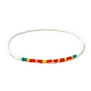 Detailed view of handmade colorful seed bead necklace with vibrant multi-color accents