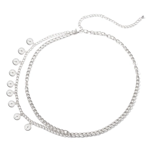 Detail of silver multilayer body chain with vintage coin pendants and adjustable link