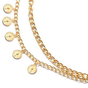 Punk style golden metal chain belt with five vintage Queen Elizabeth coin pendants