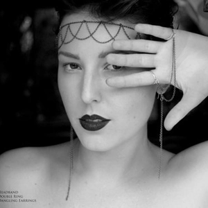 Punk style metallic chain headband with long fringe earrings and double ring set