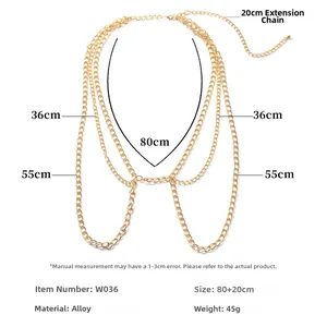 Detailed size chart of layered gold body chain showing length 80cm and alloy material