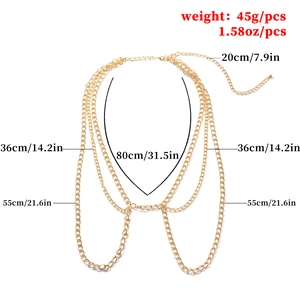 Chic multi-layer gold alloy body chain with punk style metal links for women waist