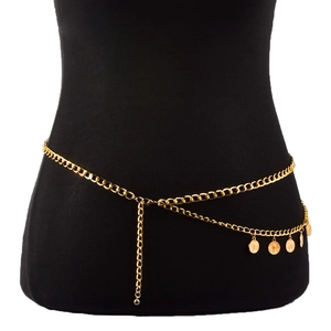 Gold multi-layer chain body belt with punk coin pendants for women on a black model